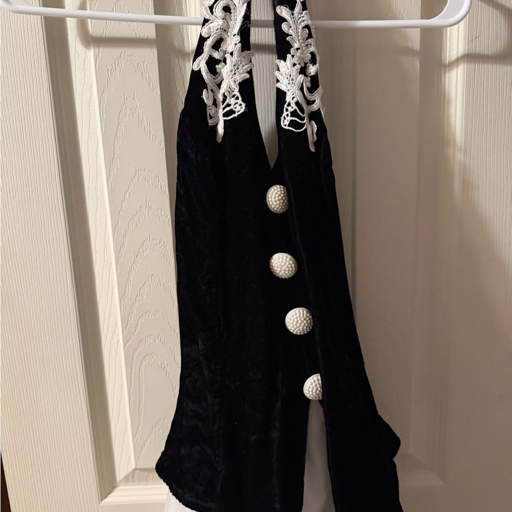 Dress. Elegant Black Velvet Halter Top with White Lace